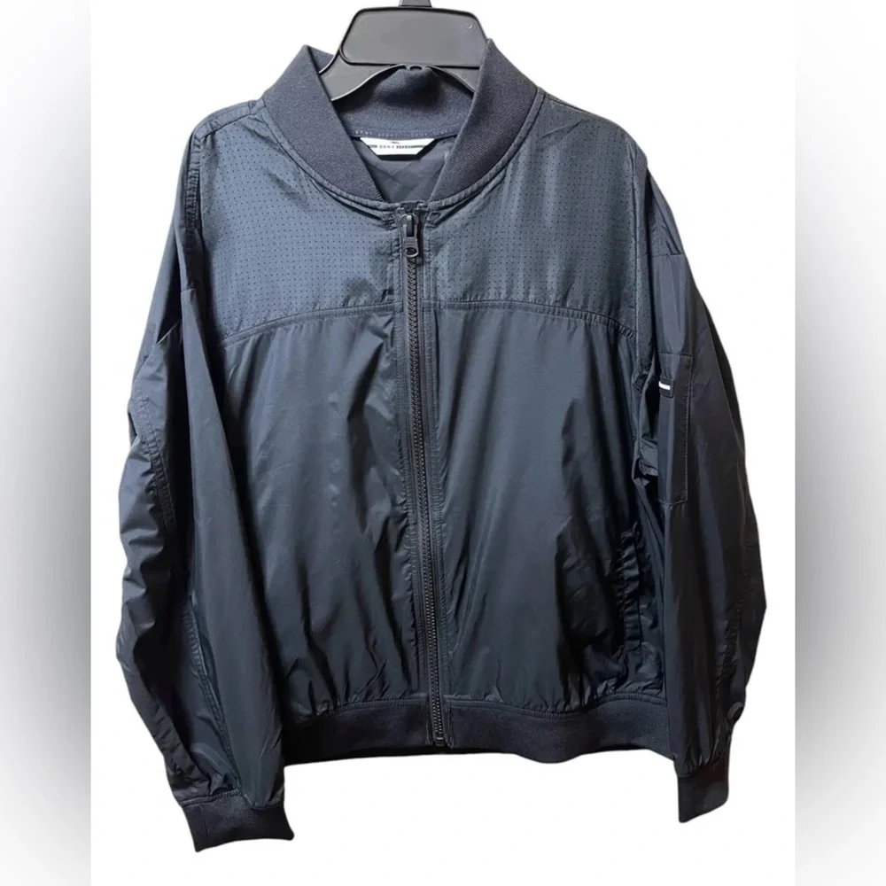 DKNY SPORT ZIP-UP WINDBREAKER JACKET LOGO DRAWSTRING UNISEX BLACK COLOR SZ LARGE